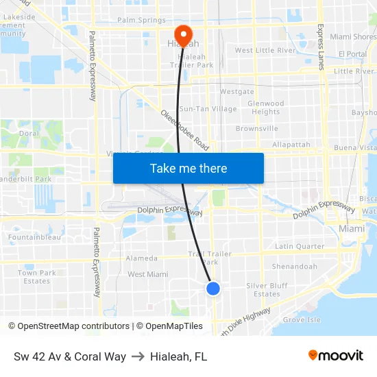 Sw 42 Av & Coral Way to Hialeah, FL map