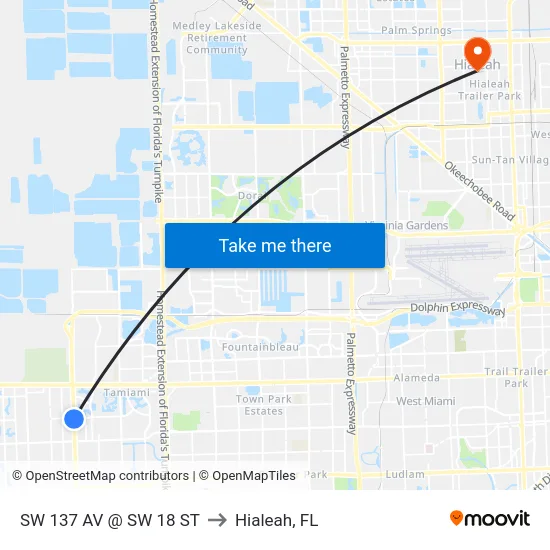 Sw 137 Av @ Sw 18 St to Hialeah, FL map