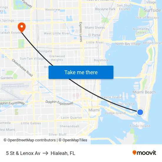 5 St & Lenox Av to Hialeah, FL map