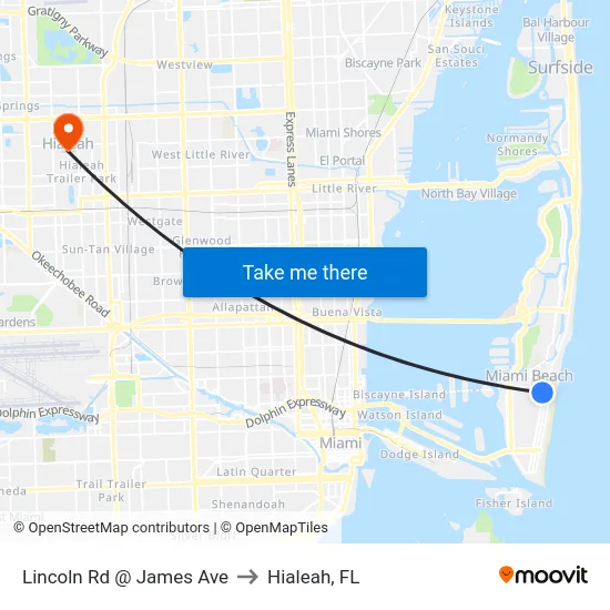 Lincoln Rd @ James Ave to Hialeah, FL map