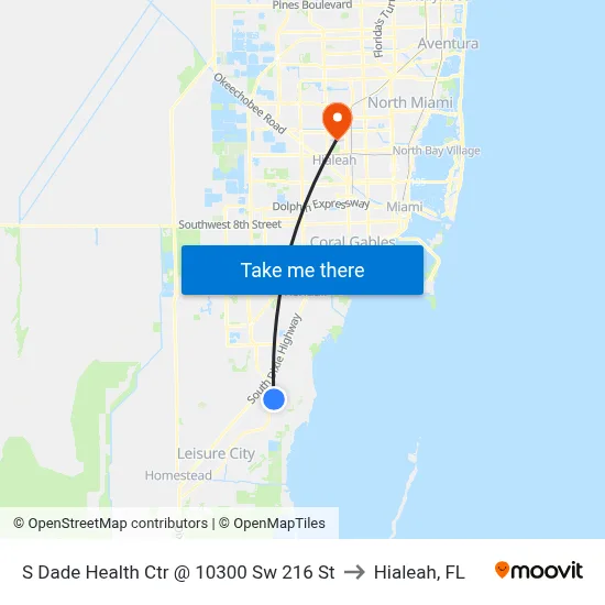 S Dade Health Ctr @ 10300 Sw 216 St to Hialeah, FL map