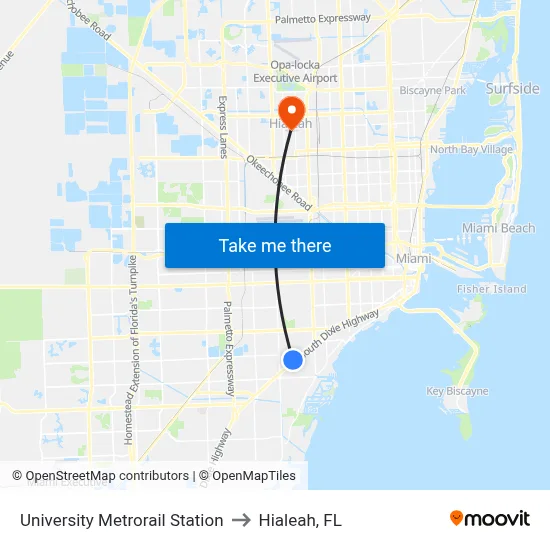 University Metrorail Station to Hialeah, FL map