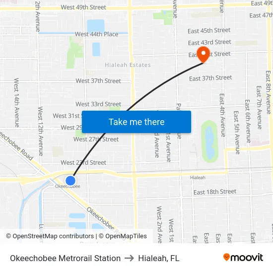 Okeechobee Metrorail Station to Hialeah, FL map