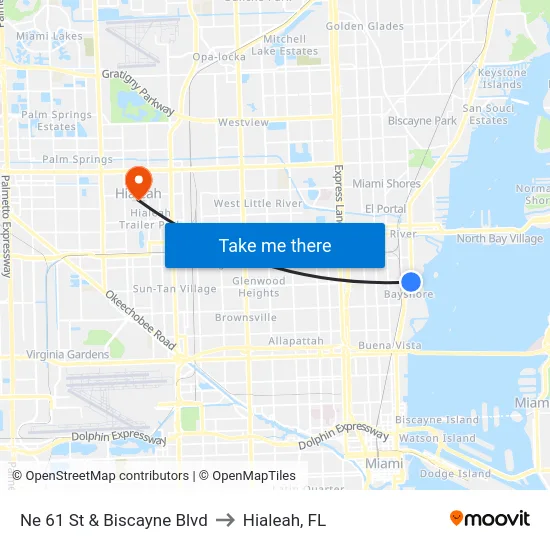 Ne 61 St & Biscayne Blvd to Hialeah, FL map