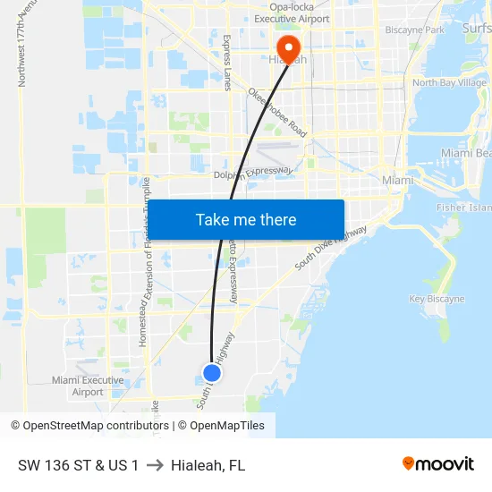 Sw 136 St & Us 1 to Hialeah, FL map