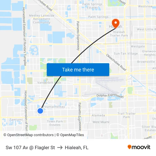 Sw 107 Av @ Flagler St to Hialeah, FL map