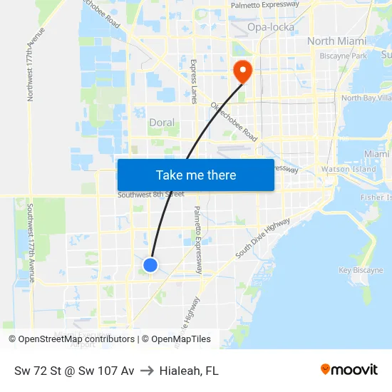 Sw 72 St @ Sw 107 Av to Hialeah, FL map