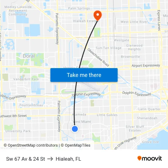 Sw 67 Av & 24 St to Hialeah, FL map
