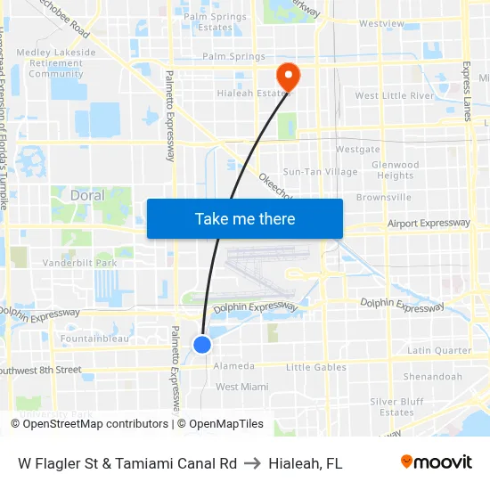 W Flagler St & Tamiami Canal Rd to Hialeah, FL map