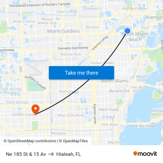 Ne 185 St & 15 Av to Hialeah, FL map
