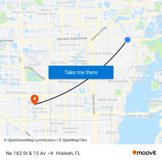 Ne 163 St & 15 Av to Hialeah, FL map