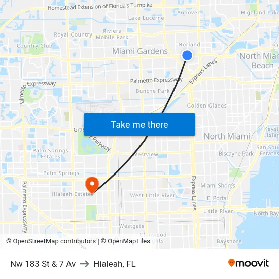 Nw 183 St & 7 Av to Hialeah, FL map