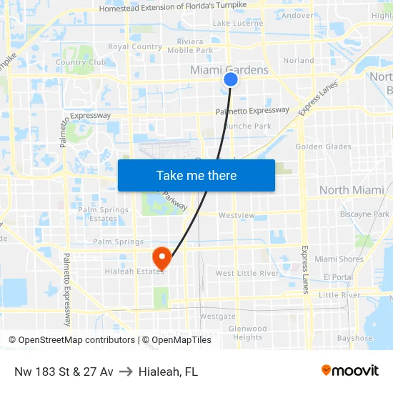 Nw 183 St & 27 Av to Hialeah, FL map