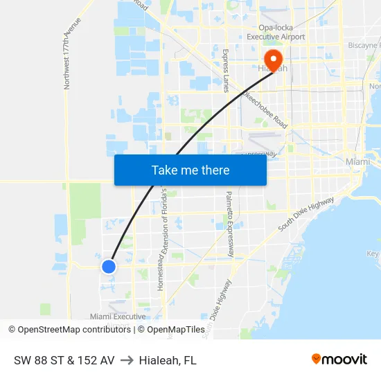 Sw 88 St & 152 Av to Hialeah, FL map