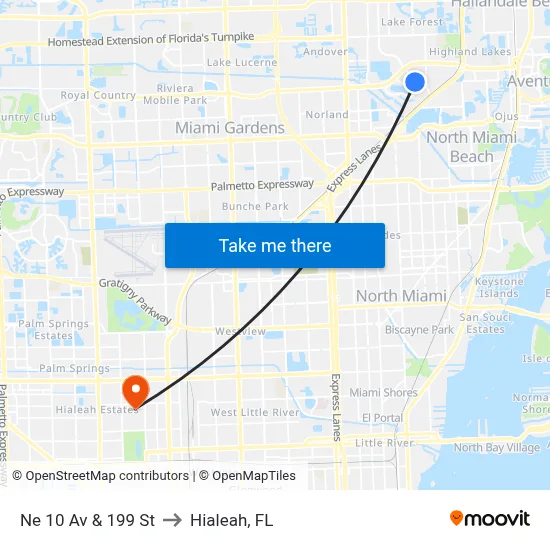 Ne 10 Av & 199 St to Hialeah, FL map