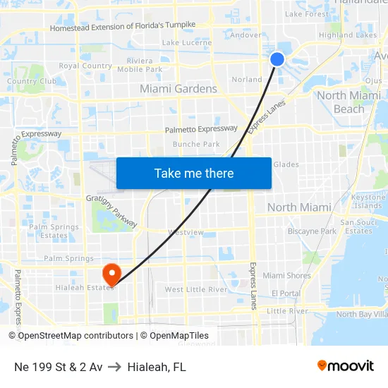 Ne 199 St & 2 Av to Hialeah, FL map