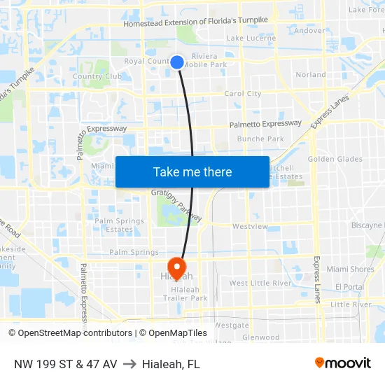 Nw 199 St & 47 Av to Hialeah, FL map