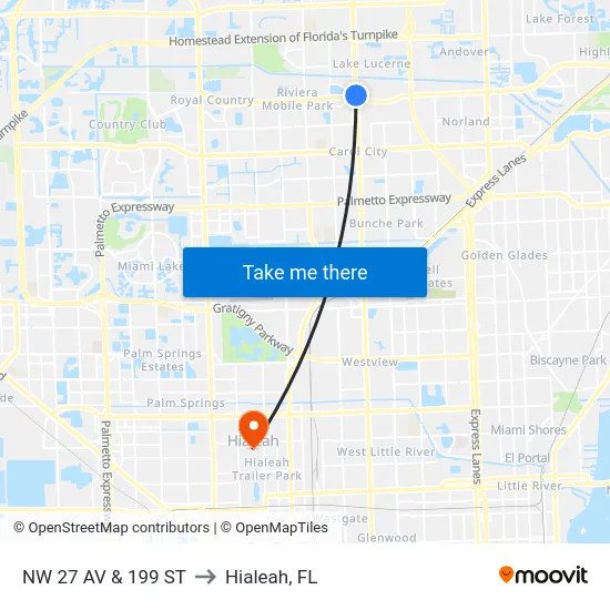 Nw 27 Av & 199 St to Hialeah, FL map