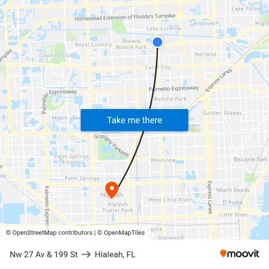 Nw 27 Av & 199 St to Hialeah, FL map