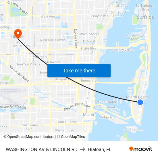 Washington Av & Lincoln Rd to Hialeah, FL map