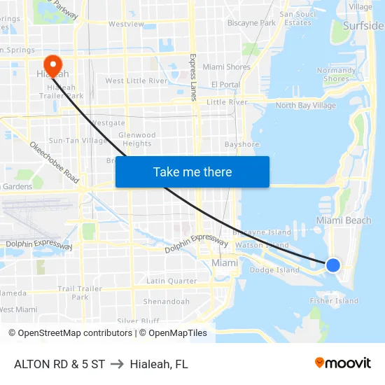 Alton Rd & 5 St to Hialeah, FL map