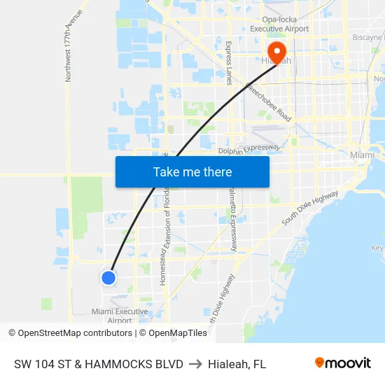 Sw 104 St & Hammocks Blvd to Hialeah, FL map