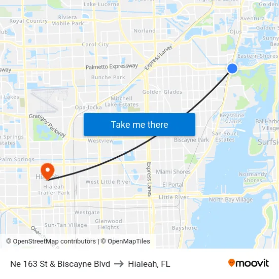 Ne 163 St & Biscayne Blvd to Hialeah, FL map