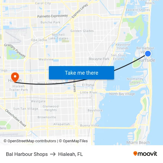 Bal Harbour Shops to Hialeah, FL map