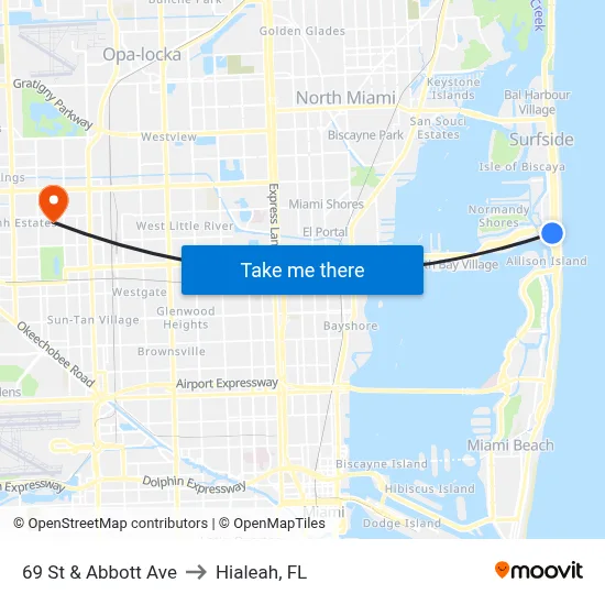 69 St & Abbott Ave to Hialeah, FL map
