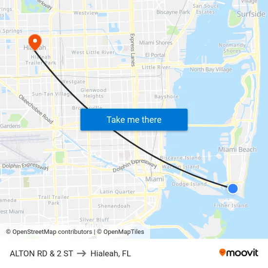 Alton Rd & 2 St to Hialeah, FL map