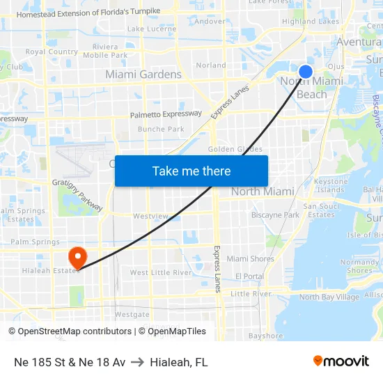 Ne 185 St & Ne 18 Av to Hialeah, FL map