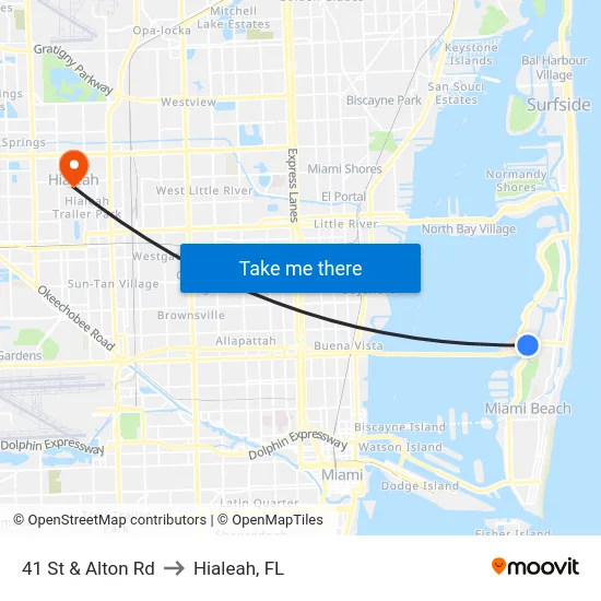 41 St & Alton Rd to Hialeah, FL map