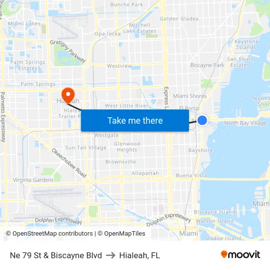Ne 79 St & Biscayne Blvd to Hialeah, FL map