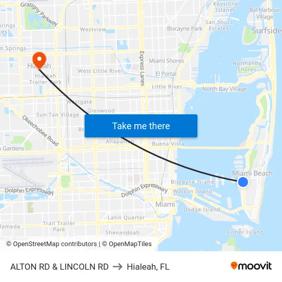 Alton Rd & Lincoln Rd to Hialeah, FL map
