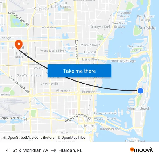 41 St & Meridian Av to Hialeah, FL map
