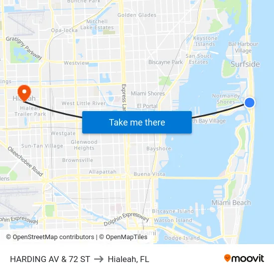 Harding Av & 72 St to Hialeah, FL map