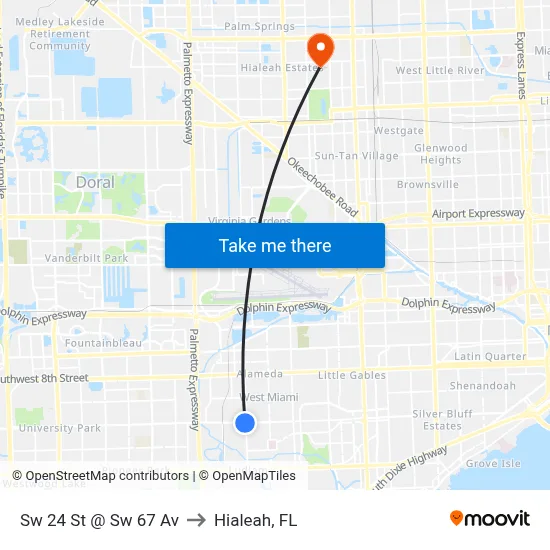 Sw 24 St @ Sw 67 Av to Hialeah, FL map