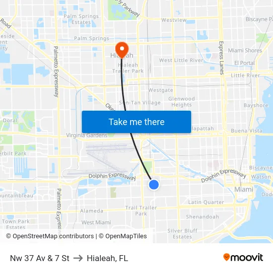 Nw 37 Av & 7 St to Hialeah, FL map