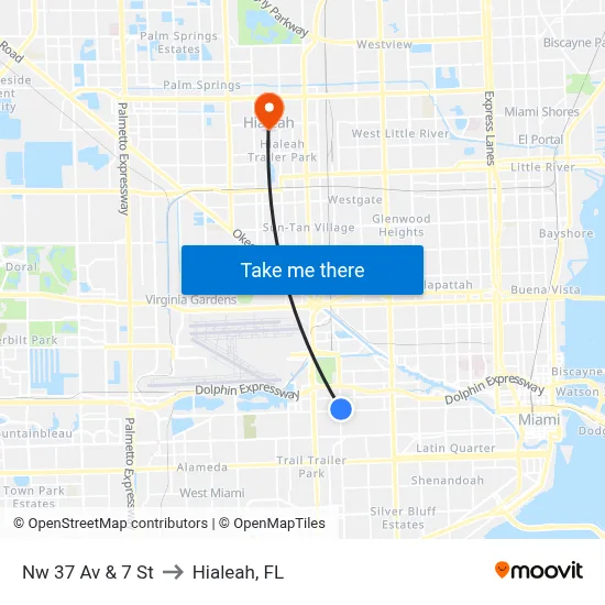 Nw 37 Av & 7 St to Hialeah, FL map