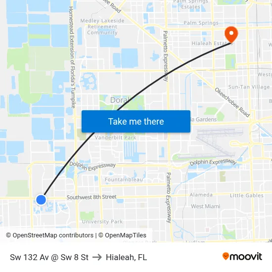 Sw 132 Av @ Sw 8 St to Hialeah, FL map
