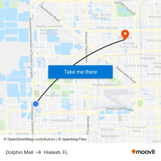 Dolphin Mall to Hialeah, FL map
