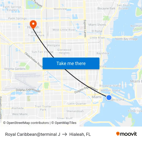Royal Caribbean@terminal J to Hialeah, FL map