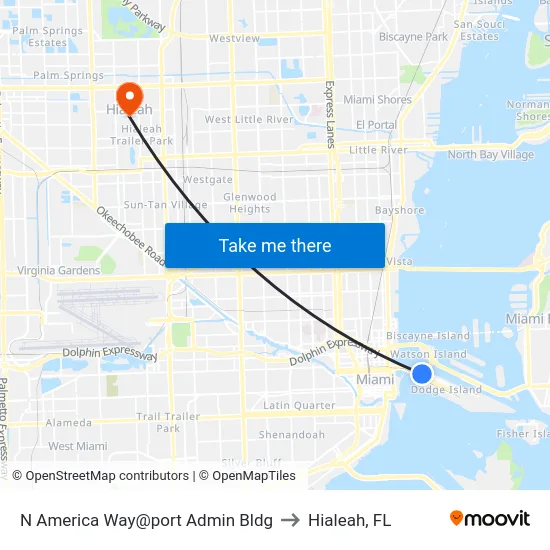 N America Way@port Admin Bldg to Hialeah, FL map