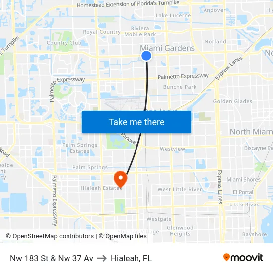 Nw 183 St & Nw 37 Av to Hialeah, FL map