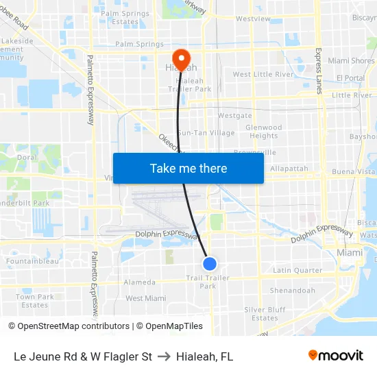 Le Jeune Rd & W Flagler St to Hialeah, FL map