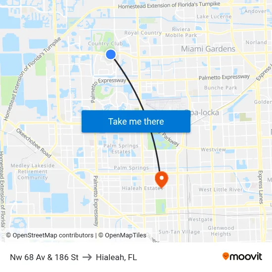Nw 68 Av & 186 St to Hialeah, FL map