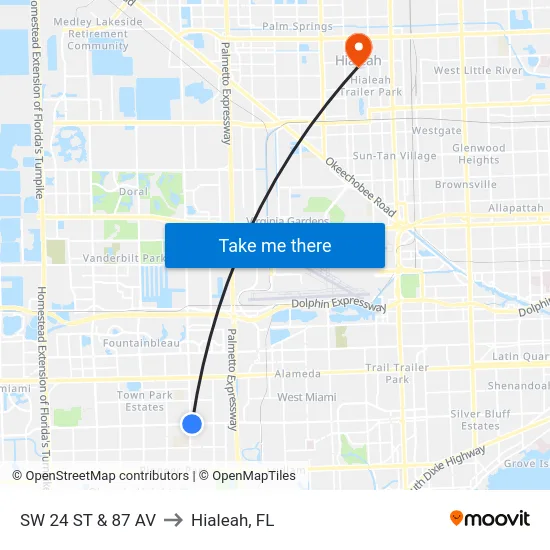 Sw 24 St & 87 Av to Hialeah, FL map