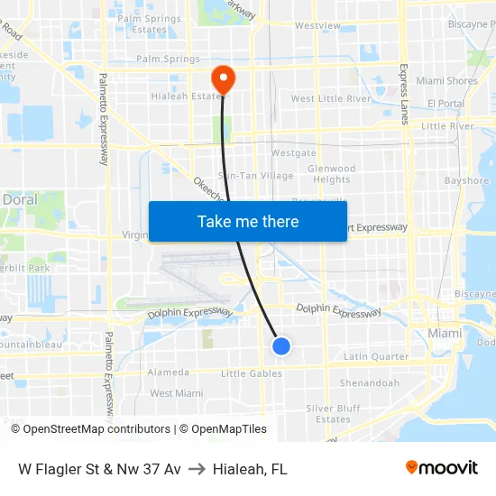 W Flagler St & Nw 37 Av to Hialeah, FL map
