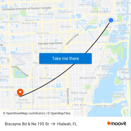 Biscayne Bd & Ne 195 St to Hialeah, FL map