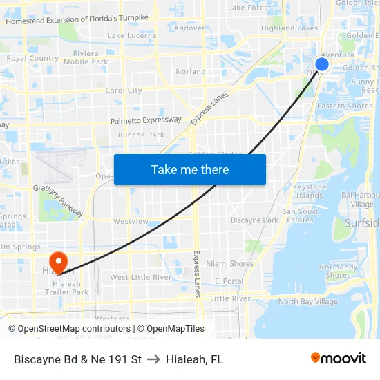 Biscayne Bd & Ne 191 St to Hialeah, FL map